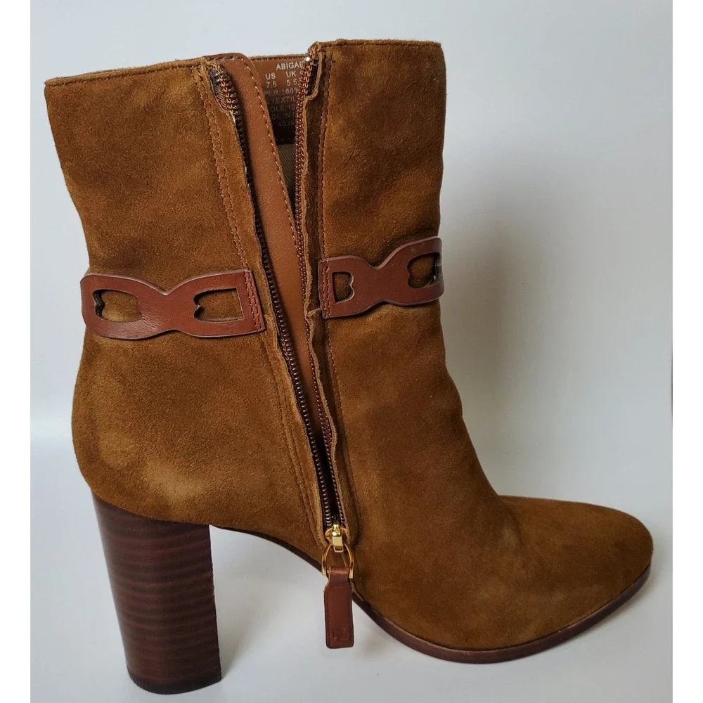 Ralph Lauren Abigael Brown Suede Leather‎ Booties Block Heel Classic Equestrian